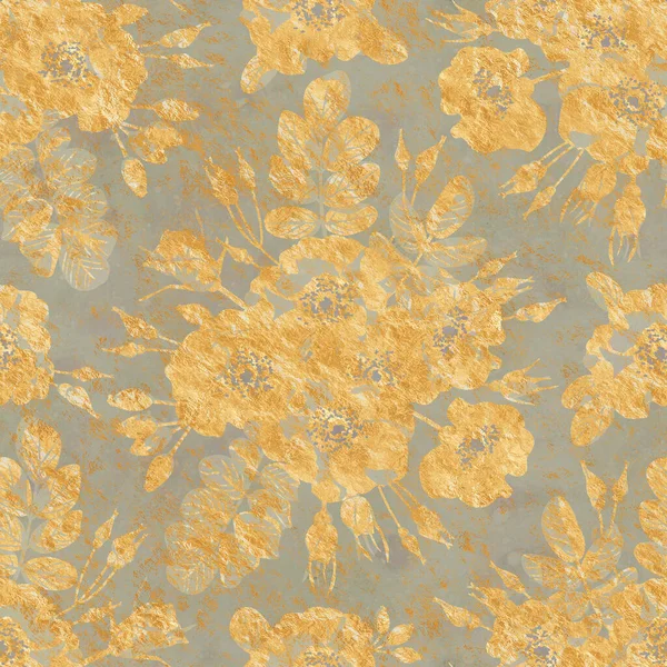Вінтажні Безшовні Шпалери Безшовний Візерунок Акварельному Стилі Золоті Квіти Сірому — стокове фото