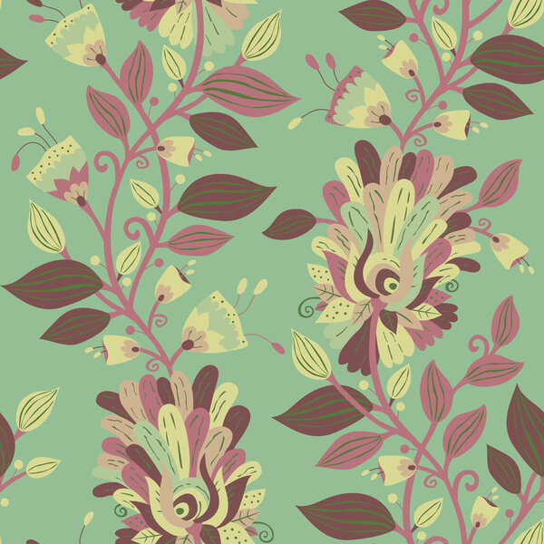 Бесшовный фон. Цветочные украшения. Векторная иллюстрация. Бесшовный шаблон. Печать на ткани и бумаге. Упаковка, упаковка, текстиль.