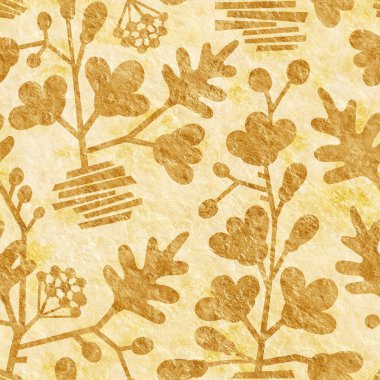 Çiçekli süs eşyasıyla kusursuz bir geçmişi var. Paket tasarımı, ambalaj kağıdı, arkaplan ve kartpostalın Grunge retro arka planı. Kırışmış kağıtta altın çiçeklerle kusursuz desen.