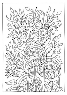 Büyük çiçek ve tomurcuklarla boyama sayfası. Renkler için siyah-beyaz vektör arkaplanı. Sanat terapisi. Resim satırı.