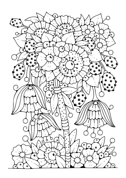 Çocuklar ve yetişkinler için boyama kitabı sayfası. Çizim için siyah beyaz çiçekler.