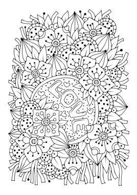 Çocuklar ve yetişkinler için boyama kitabı sayfası. Çizim için siyah beyaz çiçekler.
