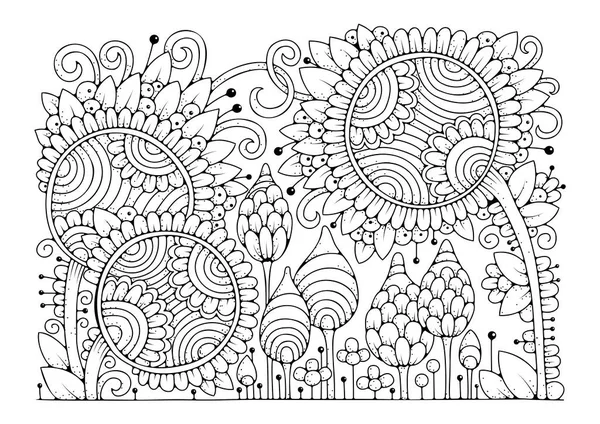 Coloring Page Flowers Floral Background Coloring Art Therapy Children Adults — Vetor de Stock