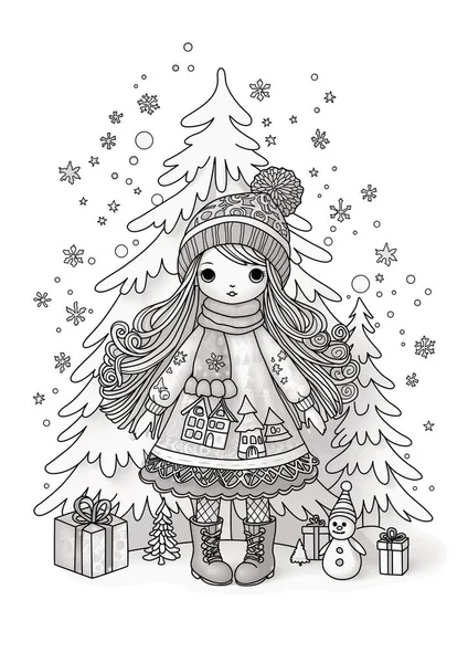 新年のカード 冬の服とギフトでかわいい女の子の絵の着色ページ — ストック写真