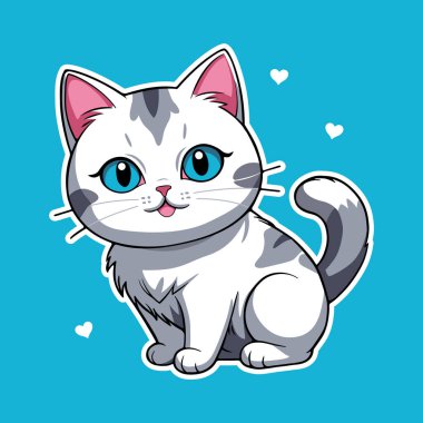 Kawaii tarzı, mavi gözlü ve pembe kulaklı şirin bir kedi oturuyor. Neşeli bir karakter. Etiket.