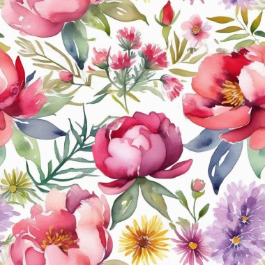 Tasarım için suluboya tarzında beyaz bir zemin üzerinde parlak çiçeklerle kusursuz desen.