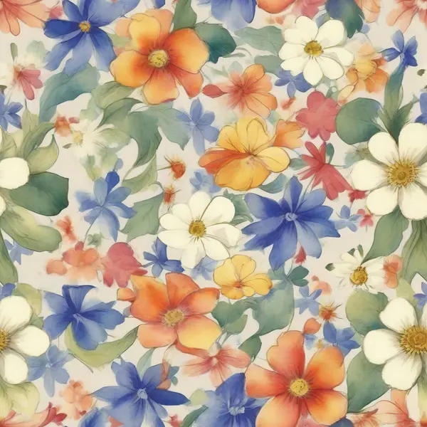 Kusursuz desen, suluboya stilinde dizayn için çiçek arkaplanı. Kumaş ve kağıt üzerine baskı için Raster illüstrasyon. Mavi ve turuncu renkli küçük çiçekler.