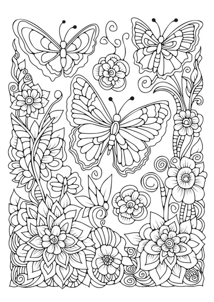 Книга Раскраска Детей Взрослых Черно Белая Иллюстрация Цветами Бабочками Арт — стоковый вектор