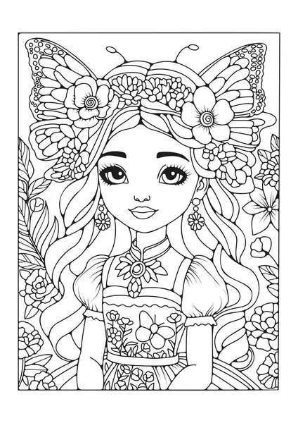 Çocuklar ve yetişkinler için boyama sayfası. Çiçeklerle süslenmiş uzun saçlı peri kız. Sanat terapisi. Sanat çizgisi. Renkler için siyah ve beyaz illüstrasyon.