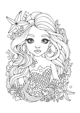 Çocuklar ve yetişkinler için boyama sayfası. Uzun saçlı şirin bir denizkızı, deniz yıldızı ve balıklarıyla suyun altında yüzüyor. Hobiler, sanat terapisi..