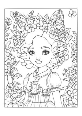 Çocuklar ve yetişkinler için boyama kitabı. Saçları uzun ve başında çiçek çelengi olan güzel bir kız resmi. Renklendirme için resim. Sanat terapisi.
