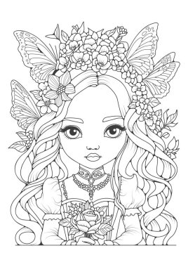 Çocuklar ve yetişkinler için çiçek ve kelebeklerle süslenmiş güzel saçlı bir prenses resmi. Hobiler, sanat çizgileri ve sanat terapisi.