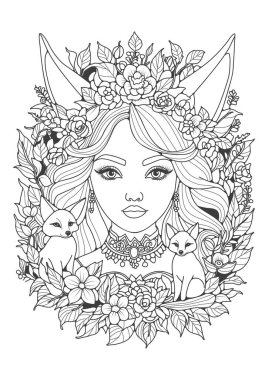 Çocuklar ve yetişkinler için boyama sayfası. Renklendirme, sanat terapisi ve hobi. Uzun kulaklı bir elf ve çiçek bahçesinde iki şirin tilki..