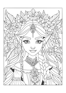 Çocuklar ve yetişkinler için sanat terapisi için boyama sayfası. Peri masalı karakteri, uzun kulaklı ve saçı çiçeklerle süslenmiş bir kız elf tasviri. Resim satırı.