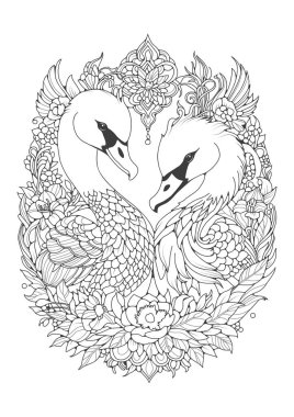 Çocuklar ve yetişkinler için boyama sayfası. Birbirine aşık iki kuğu ve çiçek süsü. Renkler için siyah ve beyaz çizimler. Sanat çizgisi. Sanat terapisi.