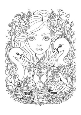 Çocuklar için boyama sayfası ve sanat terapisi için yetişkinler. Çiçek bahçesinde iki güzel kuğusu olan genç bir kız. Resim satırı.