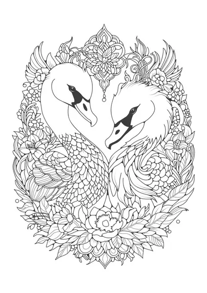 Страница Раскраски Детей Взрослых Два Влюбленных Лебедя Цветочный Орнамент Черно — стоковый вектор