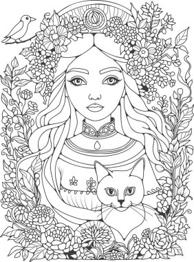 Çocuklar ve yetişkinler için boyama sayfası. Renklendirme için resim. Kedisi ve kuşu olan güzel bir kız. Sanat terapisi.