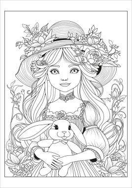 Çiçeklerle süslenmiş hasır şapkalı güzel bir bayan elinde oyuncak bir tavşan tutuyor. Çocuklar ve yetişkinler için boyama sayfası. Sanat terapisi. Hobi.