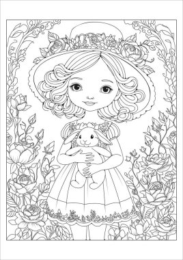 Çiçeklerle süslenmiş hasır şapkalı güzel bir bayan elinde oyuncak bir tavşan tutuyor. Çocuklar ve yetişkinler için boyama sayfası. Sanat terapisi. Hobi.