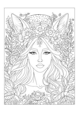 Çiçeklerle süslenmiş güzel orman perisi. Çocuklar ve yetişkinler için boyama sayfası. Sanat çizgisi. Sanat terapisi. Renkler için siyah ve beyaz illüstrasyon.