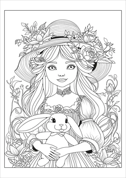 Çiçeklerle süslenmiş hasır şapkalı güzel bir bayan elinde oyuncak bir tavşan tutuyor. Çocuklar ve yetişkinler için boyama sayfası. Sanat terapisi. Hobi.