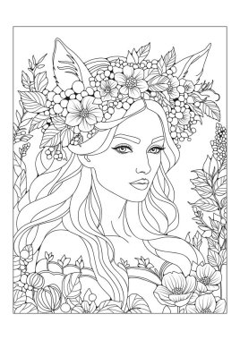 Kafasında çiçek çelengi olan uzun kulaklı elf kızı. Çocuklar ve yetişkinler için boyama sayfası. Sanat terapisi.