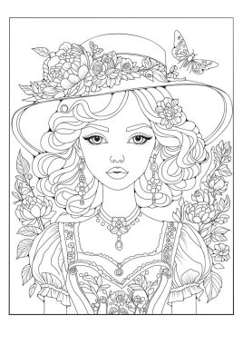 Çocuklar ve yetişkinler için boyama sayfası. Sanat serisi, sanat terapisi. Çiçeklerle süslenmiş geniş kenarlı şapkalı güzel bir kız..