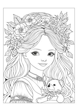 Güzel genç bir kız oyuncak ayıya sarılıyor. Uzun saç çiçeklerle süslenir. Çocuklar ve yetişkinler için boyama sayfası. Sanat terapisi, rahatlama..