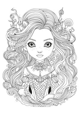 Çocuklar ve yetişkinler için boyama sayfası. Uzun saçlı ve büyük gözlü şirin bir denizkızı. Sanat terapisi. Resim satırı.