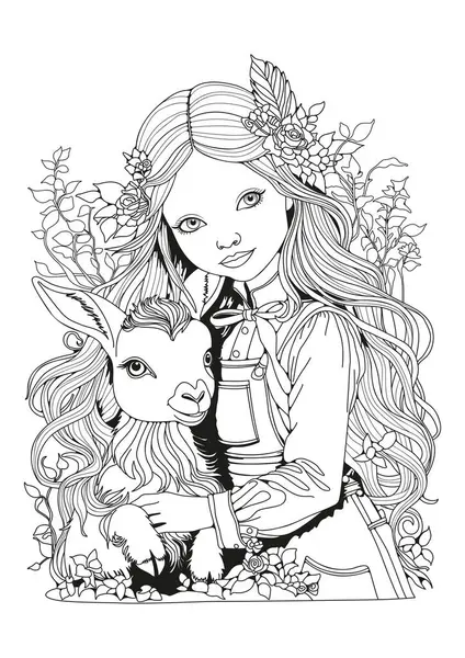 Çocuklar ve yetişkinler için boyama sayfası. Sanat terapisi. Bir kız bir kuzuyu kucaklıyor.
