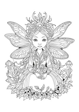 Boyama sayfası. Çocuklar ve yetişkinler için sanat terapisi. Yusufçuk kanatlı sevimli peri masalı karakteri.