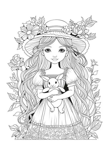 İçinde oyuncak tavşan tutan sevimli bir kızın resmi olan boyama kitabı. Çocuklar ve yetişkinler için sanat terapisi. Sanat çizgisi. Renklendirme için resim.