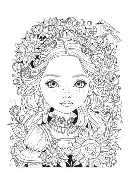 Çocuklar ve yetişkinler için boyama sayfası. Sanat terapisi. Renklendirme için resim. Tatlı kız ve ayçiçeği çiçekleri.