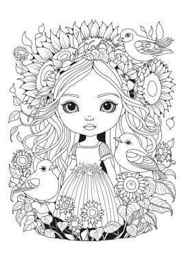 Boyama sayfası. Renklendirme için resim. Çocuklar ve yetişkinler için sanat terapisi. Ayçiçekli ve kuşlu kız.