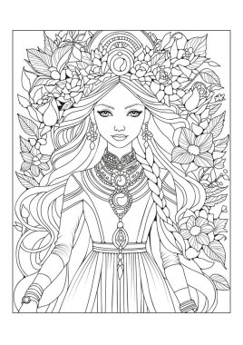 Çiçeklerle süslenmiş uzun saçlı güzel bir kız. Çocuklar ve yetişkinler için boyama sayfası. Sanat terapisi. Sanat çizgisi. Renklendirme için resim.