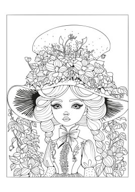 Geniş kenarlı şapkalı, çiçekli, örgülü saçları olan tatlı bir kız. Çocuklar ve yetişkinler için boyama sayfası. Sanat terapisi. Resim satırı.
