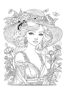 Çocuklar ve yetişkinler için boyama sayfası. Sanat terapisi. Renklendirme için resim. Çiçeklerle süslenmiş geniş kenarlı şapkalı güzel bir kız. Resim satırı.