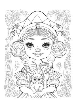 Boyama sayfası. Sirkte bir maymunla sevimli bir kız. Renklendirme için resim. Sanat çizgisi. Çocuklar ve yetişkinler için sanat terapisi.