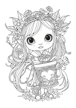 Hediye kutusu ve çiçekleri olan sevimli bir elf kızı. Boyama sayfası. Çocuklar ve yetişkinler için sanat terapisi. Resim satırı.