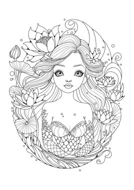 Su zambaklarıyla dolu bir gölette tatlı bir deniz kızı. Çocuklar ve yetişkinler için boyama sayfası. Kağıt ve boyama üzerine resim çizimi. Sanat terapisi. Resim satırı.