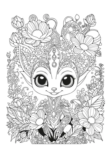 Çiçeklerle süslenmiş sevimli bir uzaylı. Sanat terapisi. Çocuklar ve yetişkinler için. Boyama sayfası. Renklendirme, kumaş ve kağıt üzerine baskı.