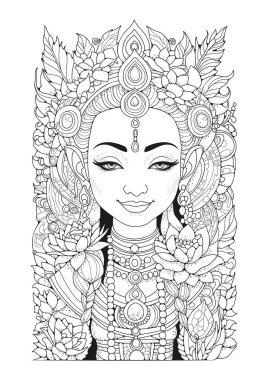Nilüfer çiçekleriyle süslenmiş başlıklı güzel bir kadın resmi. Boyama sayfası. Sanat terapisi. Çocuklar ve yetişkinler için terapi.