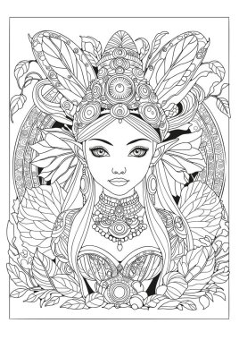 Boyama sayfası. Çocuklar ve yetişkinler için sanat terapisi. Çiçekli peri masalı elfi. Renklendirme için resim.