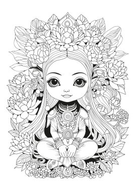 Lotus pozisyonunda oturan tatlı kız. Boyama sayfası. Sanat terapisi. Çocuklar ve yetişkinler için terapi. Renkler için siyah ve beyaz illüstrasyon.
