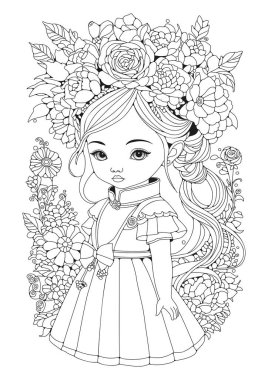 Çiçeklerle süslenmiş güzel bir saç stili olan tatlı bir kız çiçeklerin arasında duruyor. Sanat terapisi. Çocuklar ve yetişkinler için boyama sayfası. Resim satırı.
