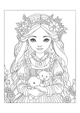 İki oyuncak ayı tutan tatlı bir kız. Boyama sayfası. Sanat terapisi. Çocuklar ve yetişkinler için terapi. Renklendirme için resim.