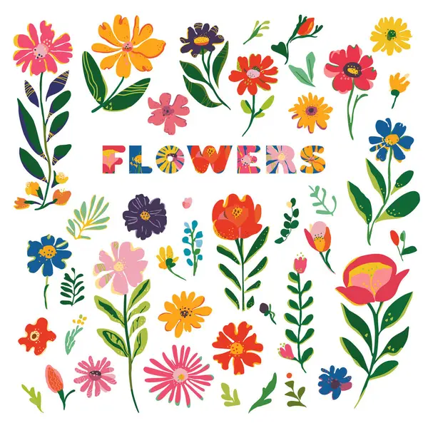 Tasarım ve dekorasyon için düz vektör biçiminde parlak renkli çiçek elementleri kümesi.