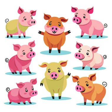 Dizayn ve dekorasyon için düz vektör biçiminde çizgi film domuzları..