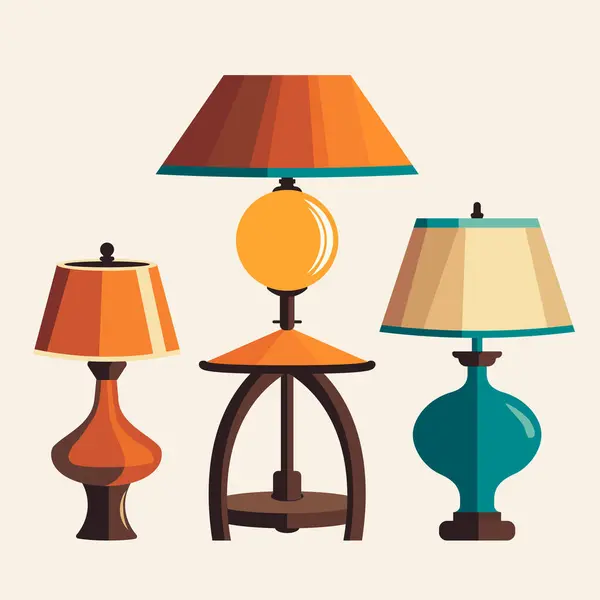 stock vector Set of retro table and floor lamps in flat vector style for design.